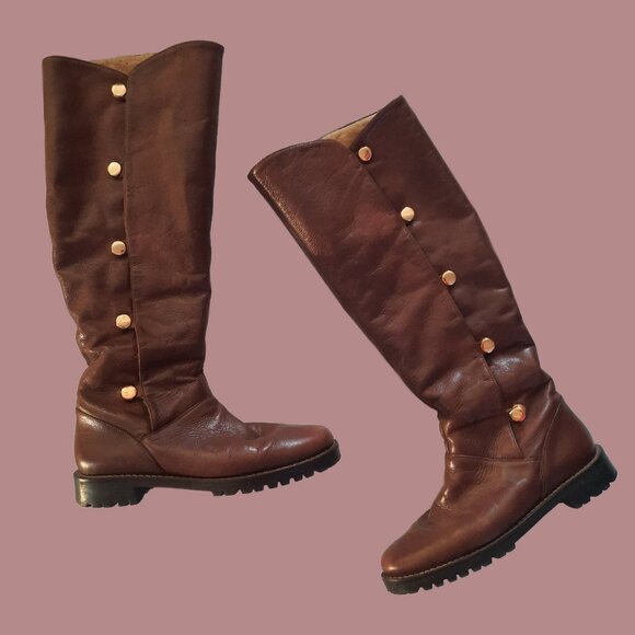 Michael Kors Tall Riding Boots Brown Leather US 8 Snap Buttons Faux Fur Lining - Picture 1 of 9